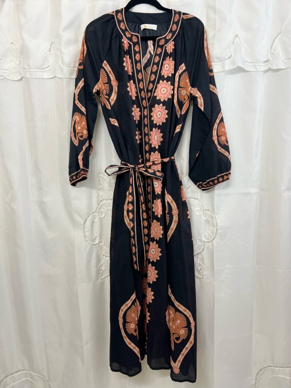 Bindu India Block Print Cotton Maxi Dress Black Pink Floral Belted Boho Size M
